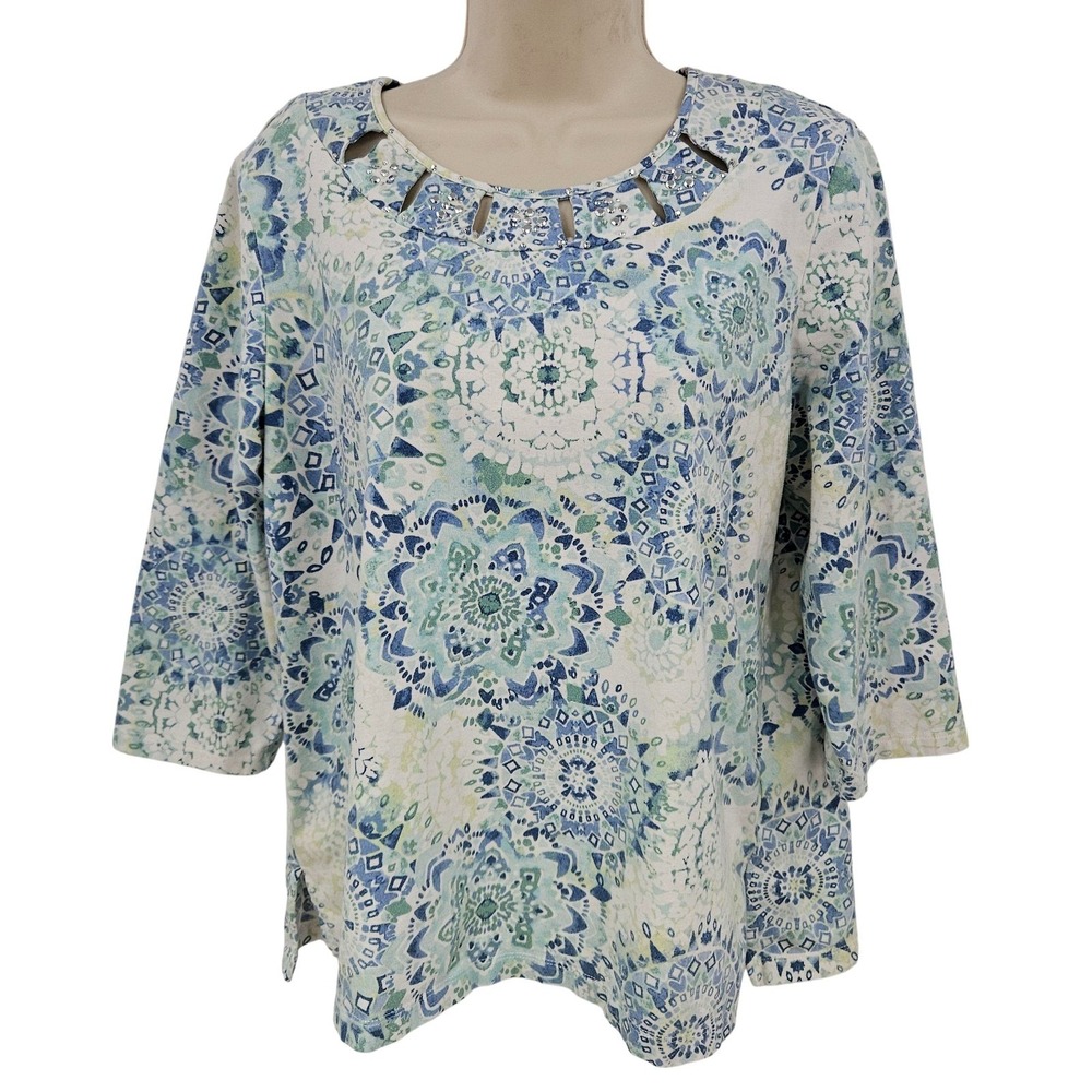 Alfred Dunner Shirt Women M Blue Green Medallion‎ Embellished Grandma Mom Basic